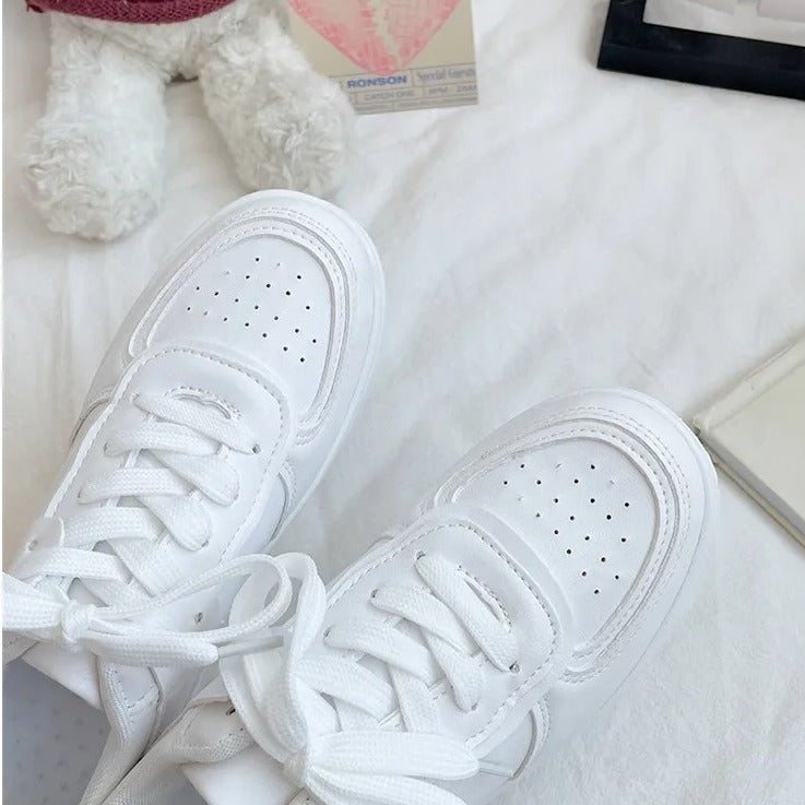 Trendy Leather Thick-Soled White Sneakers for Women(Product Code: 1111)