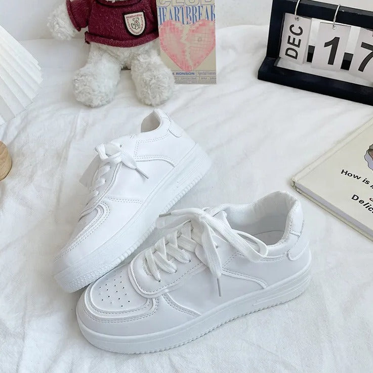 Trendy Leather Thick-Soled White Sneakers for Women(Product Code: 1111)