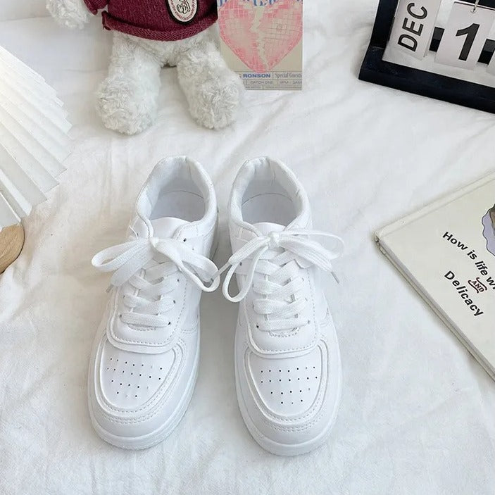 Trendy Leather Thick-Soled White Sneakers for Women(Product Code: 1111)