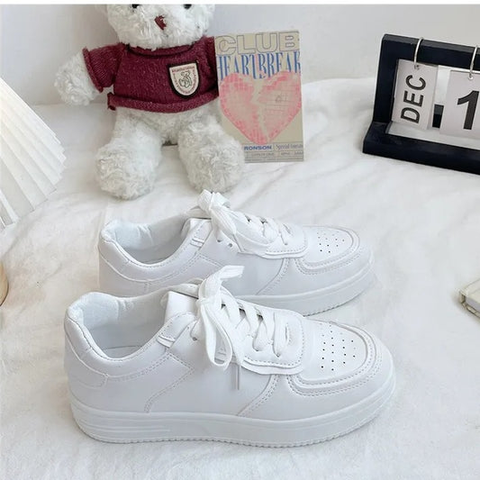 Trendy Leather Thick-Soled White Sneakers for Women(Product Code: 1111)