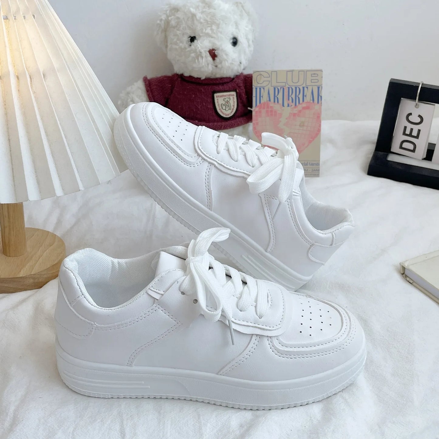 Trendy Leather Thick-Soled White Sneakers for Women(Product Code: 1111)