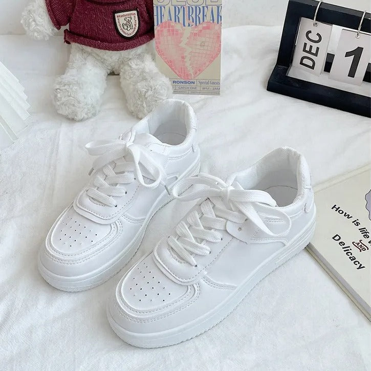 Trendy Leather Thick-Soled White Sneakers for Women(Product Code: 1111)