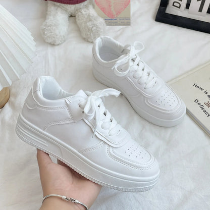 Trendy Leather Thick-Soled White Sneakers for Women(Product Code: 1111)