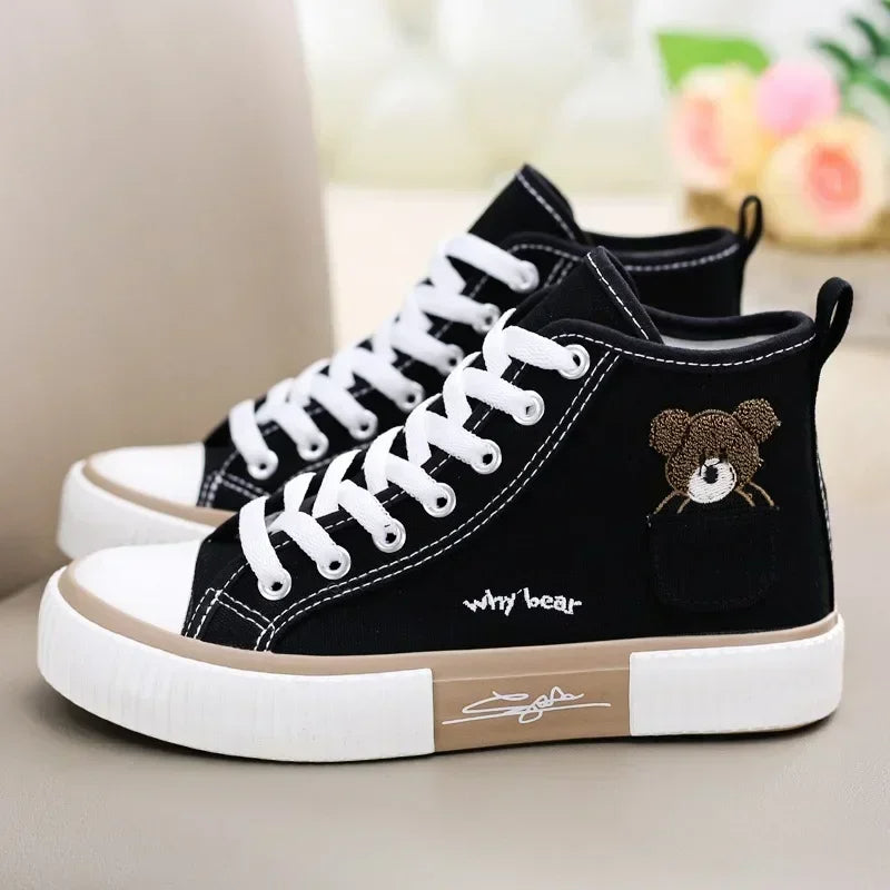 "Cute High-Top Bear Canvas Sneakers for Women (Product Code: 0534)