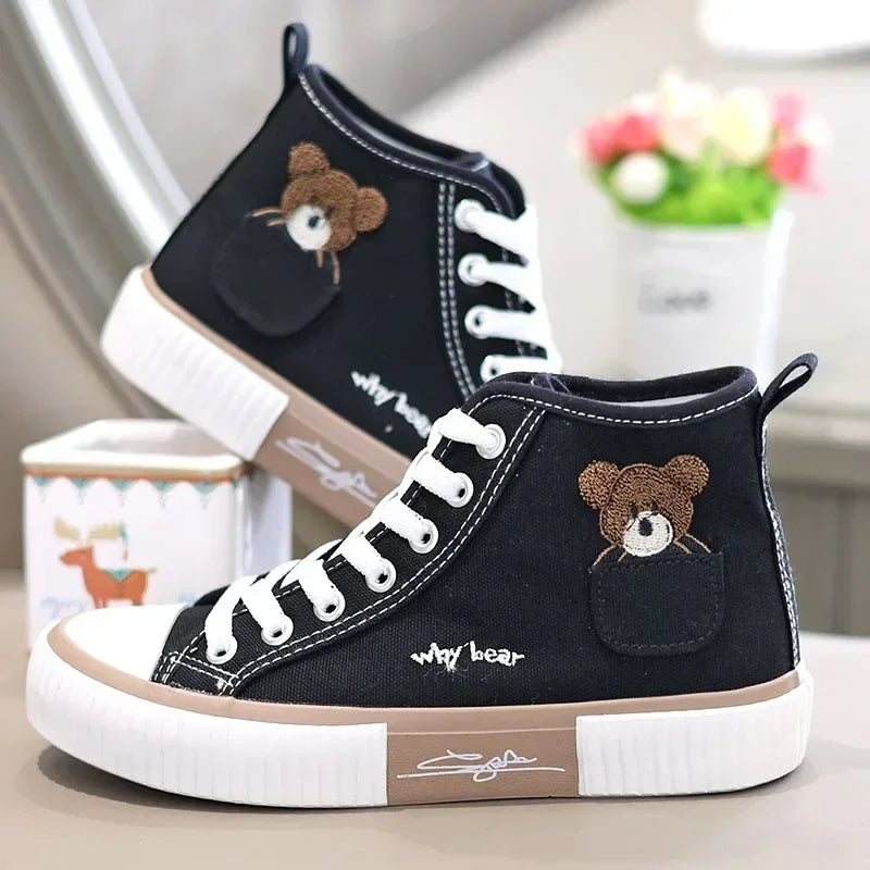 "Cute High-Top Bear Canvas Sneakers for Women (Product Code: 0534)