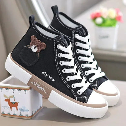 "Cute High-Top Bear Canvas Sneakers for Women (Product Code: 0534)